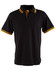 A black polo shirt with yellow striped detailing on the collar and sleeves, featuring a logo.