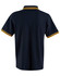 A navy polo shirt with yellow and gold striped detailing on the collar and sleeves, featuring a logo.