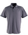 A men's grey polo shirt featuring a classic collar and contrasting stripes on the sleeves. It has a logo on the chest.