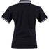 A black ladies' polo shirt featuring a classic collar and contrasting stripes on the sleeves.