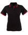 A black ladies' polo shirt with red collar and sleeve accents. Features a collar and three-button placket, and has a logo.