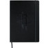 A black bound journal with an embossed logo on the cover and an elastic closure.