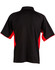 A black polo shirt with red side panels and a collar, featuring a logo on the front.