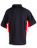 A black polo shirt with red accents, featuring a collar and short sleeves. It has a logo on the front.