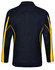 A black long sleeve polo shirt with yellow accents and a logo on the side.