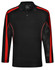 Men's long sleeve polo shirt in black, featuring red accents and mesh detailing, with a logo on the chest.