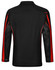 A black long sleeve polo shirt with red accents and mesh panel detailing on the sides. It features a logo.