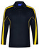 A black long sleeve polo shirt with yellow side stripes and a collar. Contains a branded logo.