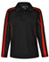 A black long sleeve polo shirt with red side panels and a collar. It features a logo on the upper front.