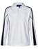 A white long sleeve polo shirt featuring black side panels and a collar, with a logo on the collar.