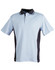 A light blue and black short-sleeve polo shirt featuring a collar and buttons, with a logo present.