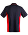 A navy and red kids' polo shirt featuring short sleeves and a branded logo.