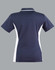 A navy blue polo shirt with white contrast panels, featuring a collar and short sleeves, and includes a logo.