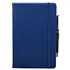 A navy blue pocket-bound journal with an elastic band and a pen attached. It features a sleek, smooth cover.