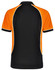 A black polo shirt with orange short sleeves and white trim accents, featuring a logo on the back.