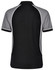 A tri-colour short-sleeve polo shirt featuring black, grey, and white detailing, with a logo on the collar.