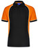 A black and orange kids' polo shirt with a collar, featuring contrasting white piping and a logo.