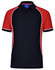 A tri-colour polo shirt featuring black, red, and white panels with a collar and buttons. It has a logo on the chest.