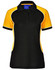 A black and yellow ladies' polo shirt with short sleeves and a collar, featuring a logo.