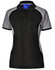 A tri-colour polo shirt featuring black, grey, and white accents, with a collar and short sleeves. It has a logo.