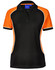 A black and orange ladies' polo shirt featuring short sleeves and a contrasting trim, with a logo on the collar.