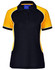 A black and yellow tri-colour polo shirt with short sleeves and a collar, featuring a logo.