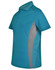 A teal and grey men's polo shirt featuring a logo, with contrast mesh detailing on the sides.