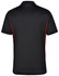 A black polo shirt with red contrast detailing and a logo on the back.