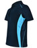 A navy polo shirt with light blue contrast detailing and a logo on the chest.