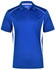 A blue polo shirt featuring white contrast panels and a collar. It has a logo on the front.