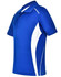 A blue kids' polo shirt with white contrast panels and a collar, featuring a logo on the front.
