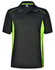 A black polo shirt with contrasting lime green side panels and a collar, featuring a logo.