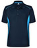 A navy polo shirt with light blue contrast panels and three buttons, featuring a logo on the chest.