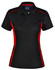 A black polo shirt with red contrast detailing and a collar. Features a logo on the front.