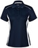 A navy blue ladies' polo shirt with white contrast panels and a collar, featuring a logo on the front.