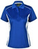 A women's blue polo shirt with white contrast panels and a collared neckline. It features a logo on the label.