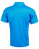 A blue short-sleeve polo shirt with a collar, featuring a logo on the back.