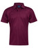 A maroon men's short-sleeve polo shirt with a collar and a logo on the chest.
