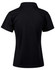 A black ladies' polo shirt with short sleeves and a classic collar, featuring a logo on the back.