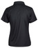 A black short-sleeved polo shirt with a collar, featuring a logo on the back.