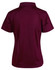 A burgundy ladies' polo shirt with a short sleeve and a standard collar, featuring a logo on the back.