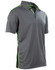 Men's short sleeve polo shirt in grey with contrast green detailing and a logo.