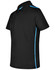 A black short sleeve polo shirt with contrast blue detailing and a logo on the chest.