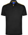 A black short sleeve polo shirt with yellow contrast detailing and a logo on the chest.