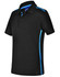 A black short sleeve polo shirt featuring blue contrast stripes and a logo on the collar.