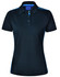 A black ladies' short sleeve polo shirt with contrasting blue side panels and a collar. Features a logo.