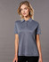 A grey short sleeve polo shirt with a collared neckline and a logo on the chest, designed for women.