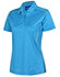 A ladies' short sleeve polo in blue with a logo, featuring a stylish cationic fabric and a modern cut.