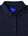 A navy blue polo shirt with a collar, featuring a buttoned placket and a logo on the label.