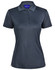 A ladies' short-sleeve polo shirt in dark grey with a subtle texture, featuring a collar and a logo.